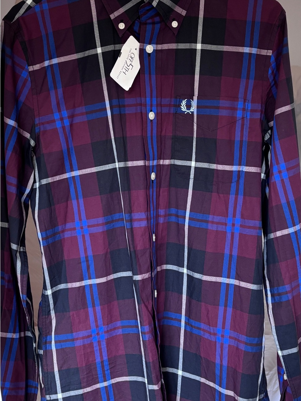 Fred Perry Men's Plaid Button-Down Shirt in Burgundy and Blue 100% Cotton